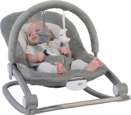 Bo jungle - schommelstoel en zitje in 1 - wipstoel - bouncer - baby tot kleuter - tot max. 18 kg - inclusief speelboog en verkleinkussen - meegroeiende swing - zachte stof - muziek en vibratie functies - rocker grijs