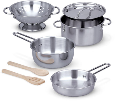 Melissa doug – speelgoedpannenset – 8-delig – rvs – met opbergrek