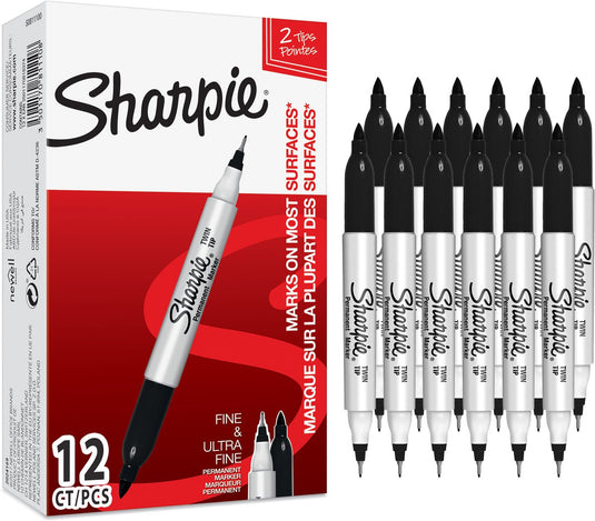 Sharpie markers met tweeledige punt | fijne en ultrafijne punten | zwarte inkt | 12 stuks
