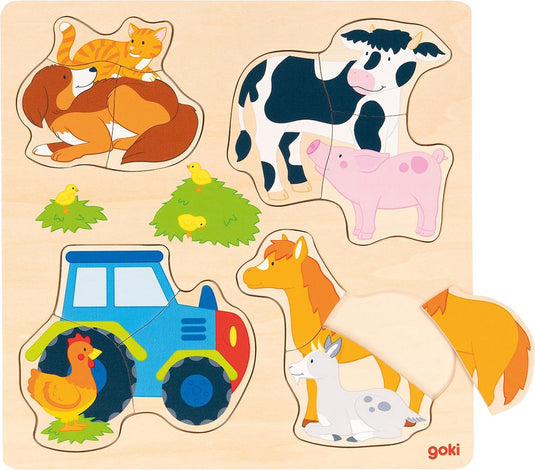 Goki inlegpuzzel - boerderijdieren - 12 delen - hout - 2 jaar