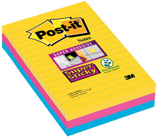 Post-it ® super sticky notes, kleurenset rio, canary yellow™, mediterraan blauw, fuchsia, gelijnd , 101mm x 152mm, 90 blaadjes, 3 blokken