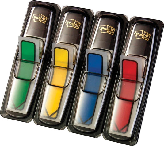 Post-it ® index pijltjes, standaard set, rood, blauw, geel, groen, 12 x 43 mm, 24 tabs kleur dispenser
