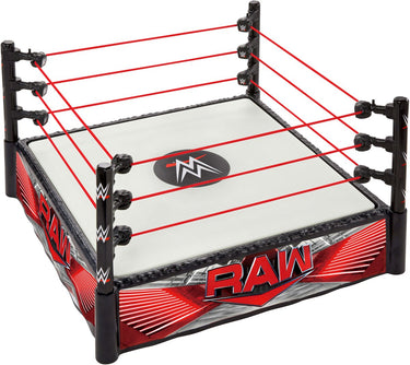 Mattel wwe supersterrenring met labels voor hoofdevenement en raw - verende ringmat en pro tension elastische ringtouwen