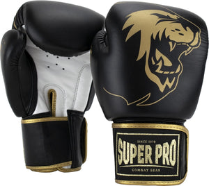 Super pro combat gear warrior se lederen (kick)bokshandschoenen zwart goud wit 12oz