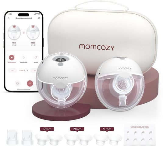 Momcozy m5 smart – handsfree borstkolf – 2 stuks – elektrisch – stil compact – met borstschild inserts - wit grijs