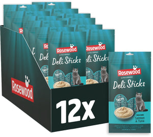 Rosewood deli sticks zalm tonijn - mousse kattensnack - zacht rijk aan vitamines - zonder toegevoegd zout of suiker - 12 zakjes met 5 sticks à 15g