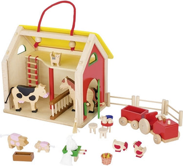 Goki poppenhuis: schuur 33x26x28cm, 31-delig, draagbare koffer met toebehoren, 3+