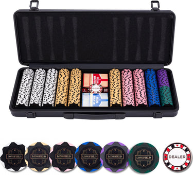Longfield pokerset 500 chips 14 gram - zwarte aluminium koffer - speelkaarten - dealer button - dobbelstenen - engelhart