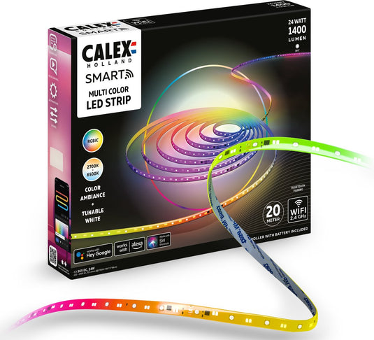 Calex smart led strip - 20m, rgbic+cctic, wifi bedienbaar, muzieksynchronisatie, binnengebruik, 1400 lumen, slimme lichtstrip, smart verlichting