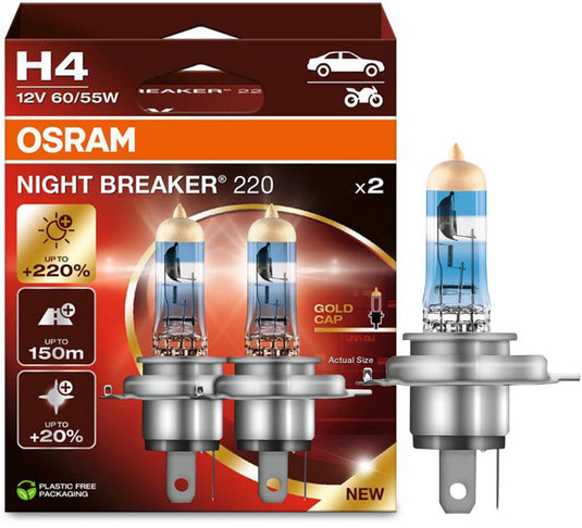 Osram night breaker 220 h4 halogeen autolampen 64193nb220 set van 2 lampen - hoogste kwaliteit - hoogste lichtopbrengst