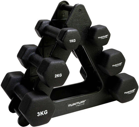 Tunturi gewichten - halterset - dumbbell set - neopreen dummbbells - 1 t m 3kg - 3 paar - incl. gratis fitness app