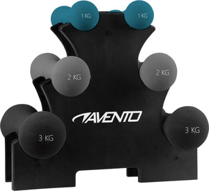 Avento 3 paar handgewichten + rek - bone - zwart grijs blauw