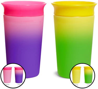 Munchkin miracle anti-lek 360° drinkbeker - 2pk sippy cup - veranderd van kleur - warmtegevoelig - oefenbeker voor baby en kind - 266ml - 2 stuks - roze geel