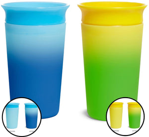 Munchkin miracle anti-lek 360° drinkbeker - 2pk sippy cup - veranderd van kleur - warmtegevoelig - oefenbeker voor baby en kind - 266ml - 2 stuks - blauw geel