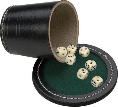 Longfield pokerbeker met deksel - zwart leder - inclusief 6 dobbelstenen 18 mm - diameter 9 cm - engelhart