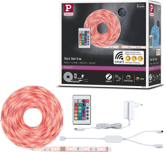 Paulmann simpled led strip 5 meter smart home zigbee 3.0 rgb - plug play set - 20w - 90 lm m - 30 leds m - gecoat - voor binnen