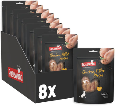 Rosewood chicken fillet strips large - hondensnack voor grote honden - 97% kip - eiwitrijk vetarm - zonder kunstmatige toevoegingen - 8 zakjes à 170g