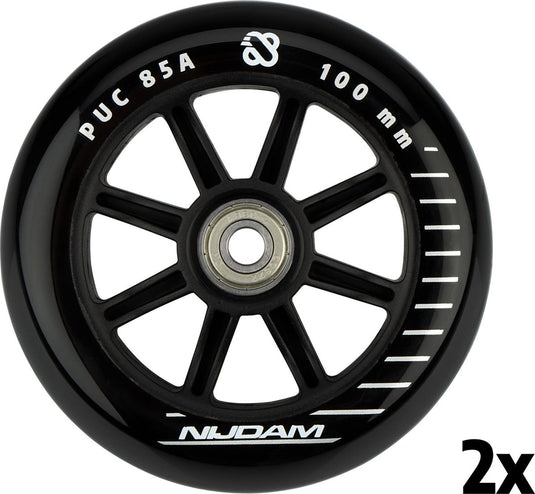 Nijdam stuntstep wielen set - 100x24 mm - 2st - full black - zwart zilver wit