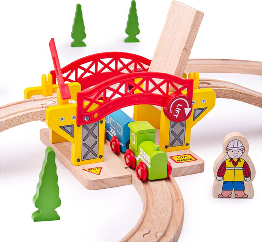 Bigjigs treinset treinbaan hefbrug met rails - hout
