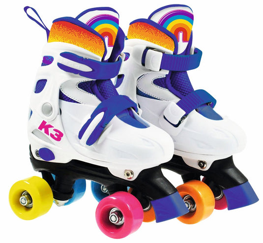 K3 - rolschaatsen - maat 34 37 - verstelbaar in 4 maten - met stopper - wit - regenboog - met wieltjes in 4 kleuren - 3 varianten