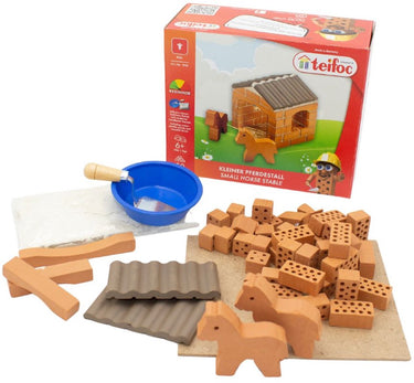 Teifoc ® bouwdoos – paardenstal bouwset – 50 onderdelen – echte mini bakstenen met cement, kom en troffel – bouwpakket voor kinderen vanaf 6 jaar