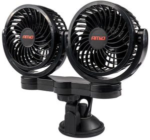 Amio dubbele autoventilator zuignap met usb-oplader zwart (5x10 cm) 12v
