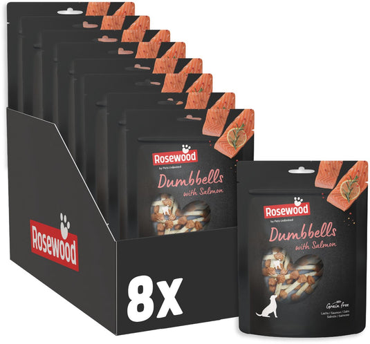 Rosewood dumbbells zalm - kauwbotjes voor honden - met zalm runderhuid - zonder toegevoegde granen - zonder kunstmatige toevoegingen - 8 zakjes à 150g