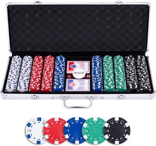Longfield pokerset in zilveren koffer met 500 chips (11,5 g) – compleet met kaarten, dealer button dobbelstenen – engelhart