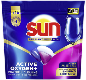 Sun - vaatwascapsules - brilliant shine - all-in 1 - een capsule met active oxygen+ - 16 vaatwastabletten