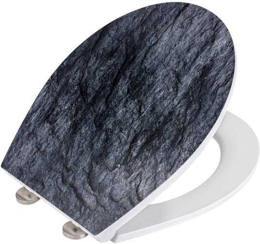Wenko wc bril slate rock - antibacterieel duroplast met structuurprint - easy-close softclose sluiting - fix-clip bevestiging afklikbaar in rvs - toiletbril decor met structuur - toiletzitting met print