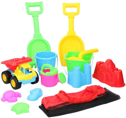 Eddy toys strandset kind 13-delig met tas - strand speelgoed kinderen - emmer schepje vrachtwagen - zandvormpjes strand - waterspeelgoed zomer - speelset strand