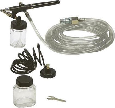 Stanley airbrush set voor compressor, 5-delig, 15 l min 3 bar met airbrush pistool slang, spiraalslang, 2 reservoirs en multifunctionele sleutel, voor modelbouw make-up meubels auto