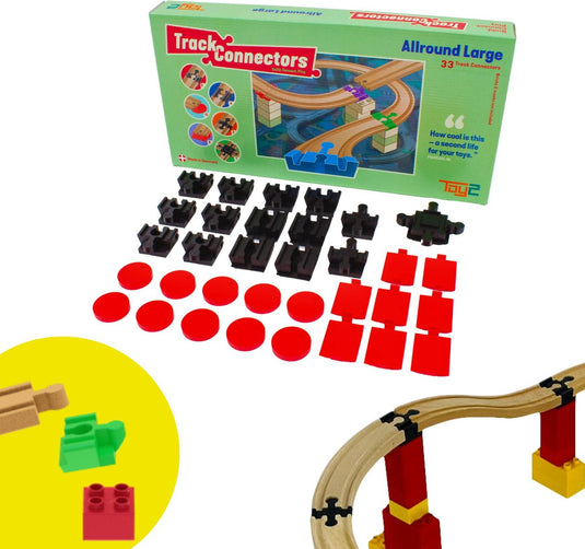 Toy2 allround large - 33 brio adapters - treinbaanonderdelen - houten treinbaan - geschikt voor bekende bouwstenen en treinbanen van o.a. bandits angels