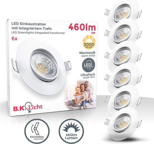 B.k.licht - set van 6 led inbouwspots - voor binnen - spotjes - kantelbaar - ip23 - ø9cm - 3.000k - 460 lm - 5w