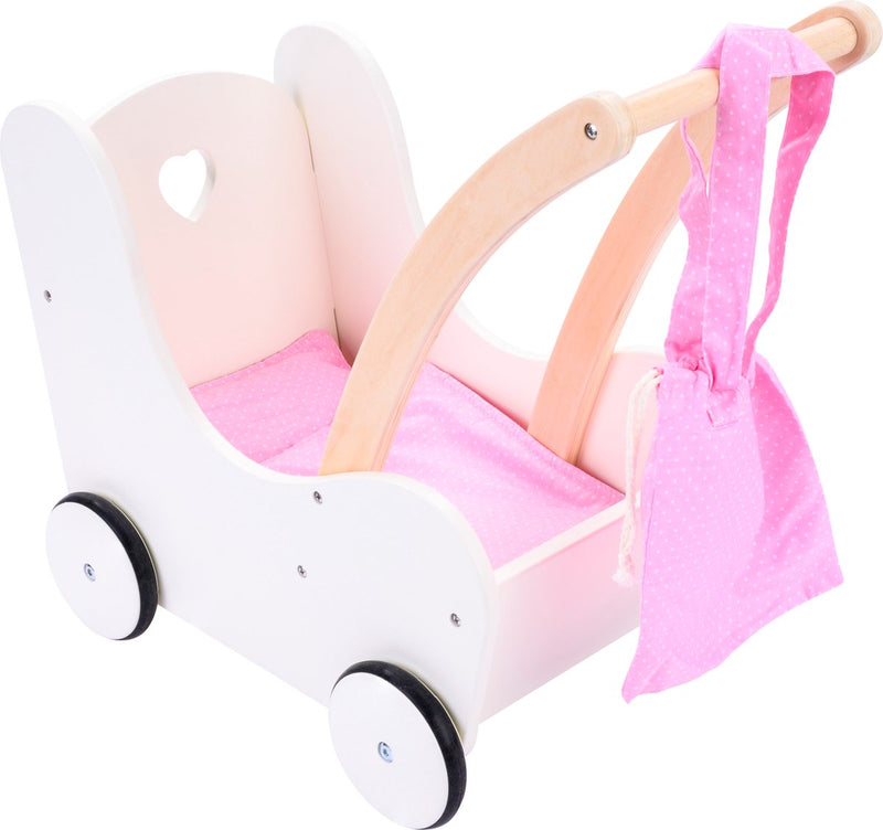 Afbeelding laden in galerijviewer, Engelhart poppen loopwagen roze wit – houten poppenwagen met matrasje, dekentje, kussentje opbergtas – geschikt voor alle poppen –
