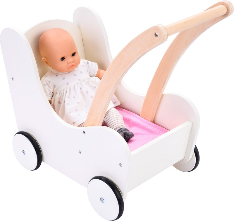 Afbeelding laden in galerijviewer, Engelhart poppen loopwagen roze wit – houten poppenwagen met matrasje, dekentje, kussentje opbergtas – geschikt voor alle poppen –
