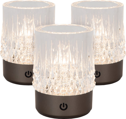 Lucide lily - oplaadbare tafellamp - accu batterij - ø 8 cm - led 3 stepdim - 1x3w 2700k 3000k - zwart chroom - set van 3