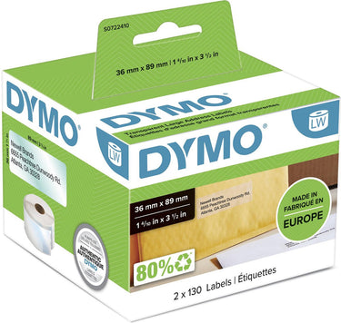 Dymo originele grote labelwriter adreslabels | 36 mm x 89 mm | 2 rollen met elk 130 labels (260 zelfklevende etiketten) | geschikt voor de labelwriter labelprinters | gemaakt in europa