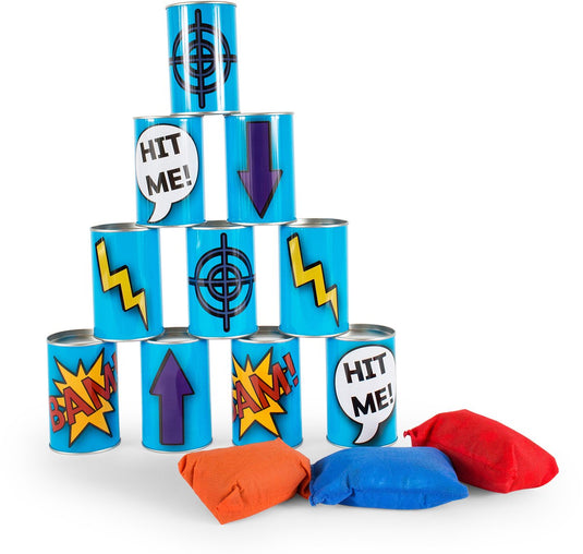 Bs toys blikgooien werpspel - pittenzak gooien - kinderspeelgoed vanaf 3 jaar - buitenspeelgoed - 10 blikken - blauw - spelletjes voor kinderen - buiten speelgoed - buitenspel - buiten spellen - tuin speelgoed - cadeau kind