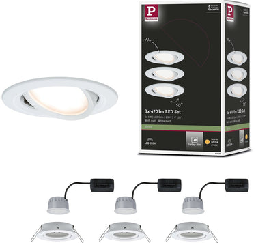 Paulmann led-inbouwlamp 3-step-dim nova coin basisset zwenkbaar rond 84 mm 50° coin 3x6w 3x470lm 230v dimbaar 2700k wit mat