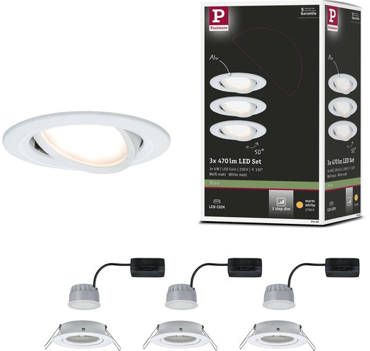 Paulmann led-inbouwlamp 3-step-dim nova coin basisset zwenkbaar rond 84 mm 50° coin 3x6w 3x470lm 230v dimbaar 2700k wit mat