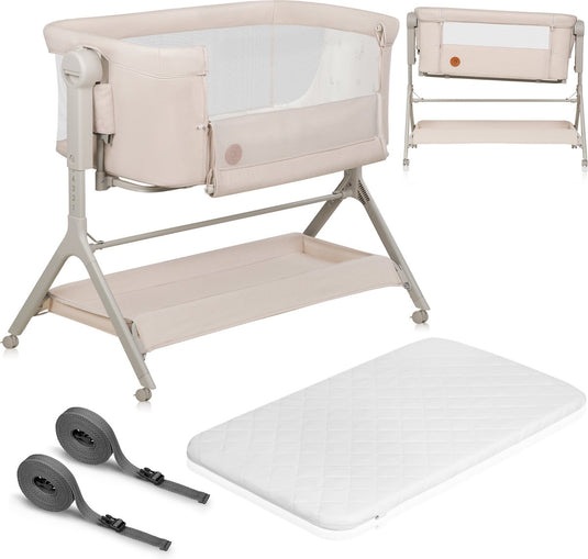 Lionelo leonie plus - co-sleeper 3 in 1 wieg en babybed – kinderbed tot 9 kg – hoogteverstelling in 6 niveaus – schommelfunctie – t25 matras – opbergmand – wielen – afneembare hoezen