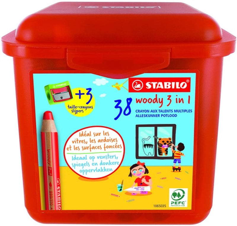 Afbeelding laden in galerijviewer, Stabilo woody 3in1 multitalent kleurpotloden in kunststof doos - 38dlg. met 3 puntenslijpers
