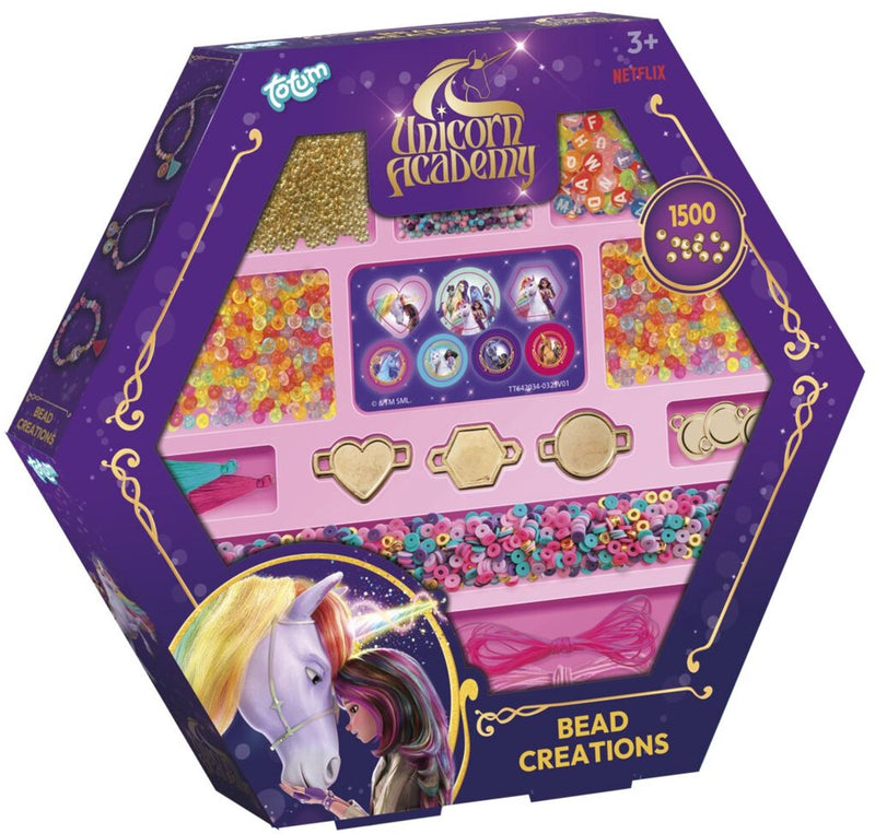 Afbeelding laden in galerijviewer, Totum unicorn academy kralen set 1500-delig armbandjes maken - creatief speelgoed vanaf 3 jaar - bedel armbandjes met goudkleurige letter- en speciale kralen
