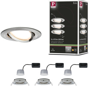 Paulmann led-inbouwlamp 3-step-dim nova coin basisset zwenkbaar rond 84 mm 50° coin 3x6w 3x470lm 230v dimbaar 2700k staal geborsteld