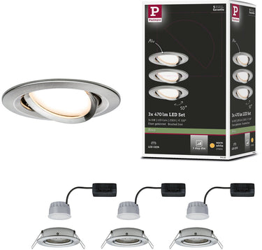 Paulmann led-inbouwlamp 3-step-dim nova coin basisset zwenkbaar rond 84 mm 50° coin 3x6w 3x470lm 230v dimbaar 2700k staal geborsteld