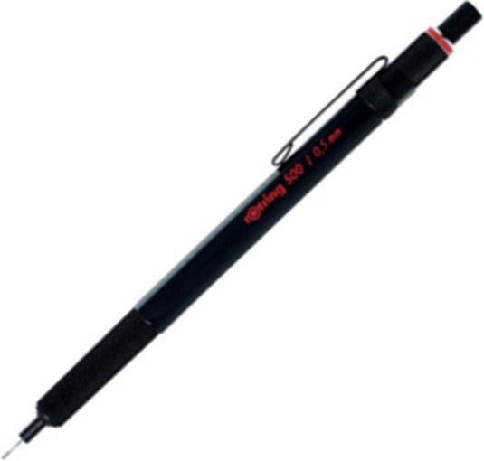 Rotring 500 vulpotlood | 0,5 mm hb-stift | zwarte zeshoekige kunststof behuizing en antislip getextureerde metalen grip