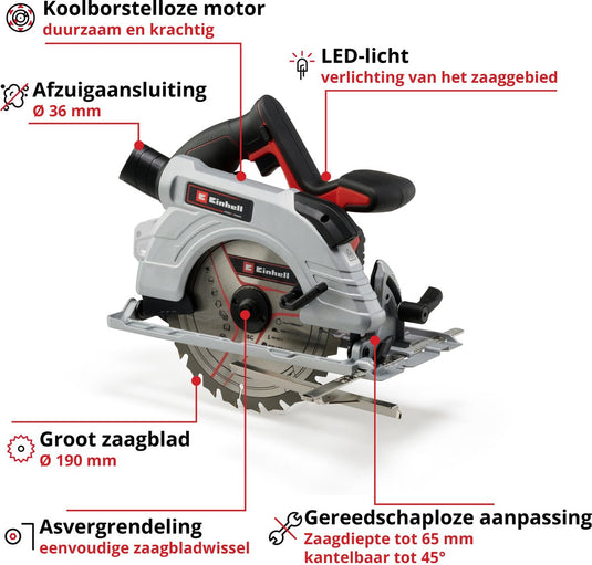 Einhell accu cirkelzaag tp-cs 18 190 li bl solo - power x-change - 18 v li-ion - koolborstelloze motor - 3.800 t min - ø190x20 30 mm 24 t - max. zaagdiepte: 90° 45°: 65 45 mm - excl. accu en lader