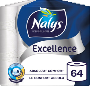 Nalys excellence toiletpapier - 64 rollen - maxi vellen (5-laags) - voordeelverpakking - papieren verpakking