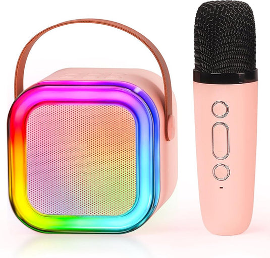 Woegel karaoke set a3-led – met bluetooth, tf-kaart en stemvervormer – oplaadbare accu – draadloze micro – voor kinderen – roze